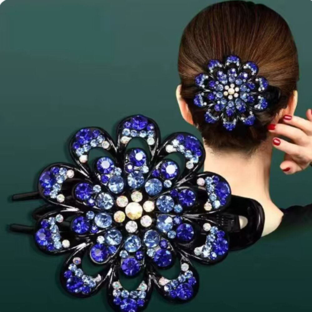 Crystal Flower Claw Hair Clip - Dark Blue - 137 crystals